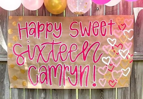 Sweet 16 Banner Ideas, Painted Birthday Banner, Brown Paper Banner, Sweet 16 Banner, Birthday Banner Ideas, Prom Poster, Sweet 16 Sign, Happy Birthday Sweet 16, Bday Banner