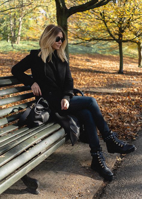 Emma Hill Fall style. Autumn outfit, black wool coat, black leather chunky lace up hiking boots, dark blue skinny jeans, black Elleme bag Black Hiking Boots Outfit, Black Lace Up Boots Outfit, Lace Up Boot Outfit, How To Style Combat Boots, 13 Outfits, Inverted Triangle Outfits, Style Combat Boots, Black Hiking Boots, Emma Hill