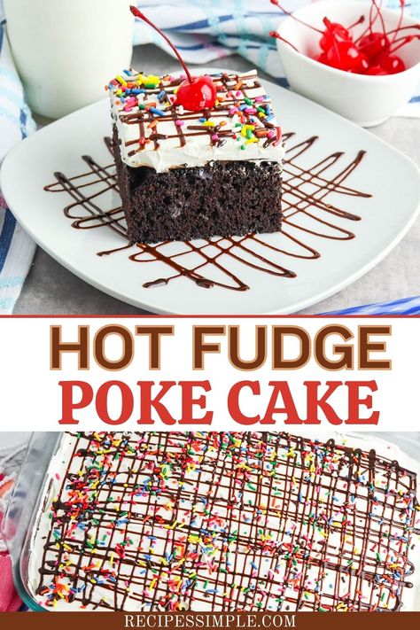 Chocolate Fudge Poke Cake, Chocolate Poke Cake With Pudding, Hot Fudge Poke Cake, Fudge Poke Cake, Best Poke Cake Recipes, Flower Bakery, Poke Cake Recipes Chocolate, Vegetarian Chocolate Cake, Hot Fudge Cake