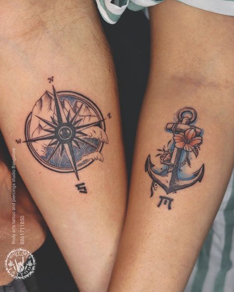 Couple Tattoo |   couple tattoos wolf Compass Anchor Tattoo Design Couples, Matching Anchor Tattoos For Couples, Couples Anchor Tattoo Ideas, Compass Couple Tattoo Ideas, Anchor And Compass Tattoo Couples, Cute Anchor Tattoos, Beach Couple Tattoos, Couple Compass Tattoo, Anchor Couple Tattoos