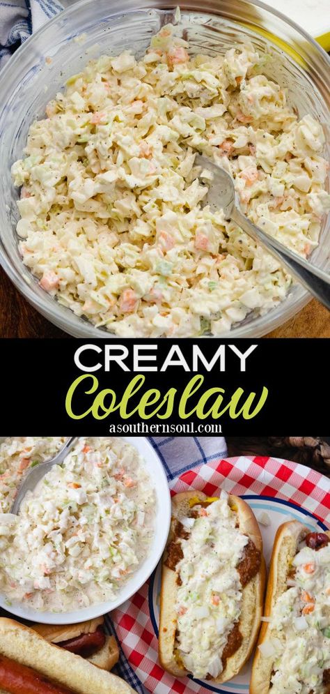 Extra creamy with a healthy crunch, this coleslaw recipe is the perfect side dish for any cookout, summer lunch, or dinner. Creamy Coleslaw also makes a terrific topping for hot dogs and hamburgers! Grandma's Coleslaw Recipe, Bob Evans Coleslaw Recipe, Coke Slaw Mix Recipes, Best Creamy Coleslaw Recipe, Mayo Slaw Coleslaw Recipes, Top Of The River Coleslaw Recipe, Creamy Southern Coleslaw Recipe, Sweet Creamy Coleslaw, Creamy Cole Slaw Dressing Recipe