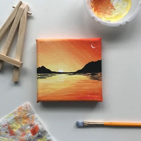 Small Painting Ideas Mini Canvas Sunset, Small Square Acrylic Painting, 4 Paintings On 1 Canvas, 4 By 4 Canvas Paintings, Small Square Paintings, Simple Small Canvas Paintings, Sunset Room Decor, Cute Mini Canvas Paintings, Acrylic Painting Orange