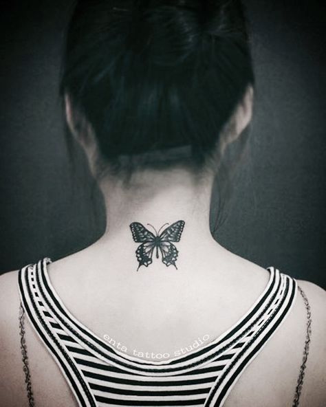 Butterfly Tattoo Nape, Butterflies Meaning, Butterfly Tattoo Neck, Arrow Tattoo Finger, Mustache Tattoo, Butterfly Neck Tattoo, Middle Finger Tattoos, Colorful Butterfly Tattoo, Nape Tattoo