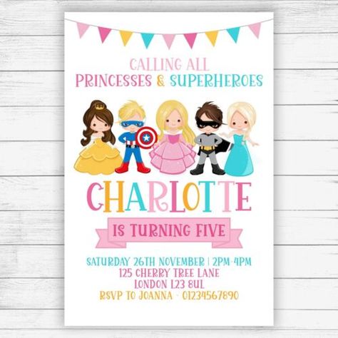 Princess and Superhero Personalised Party Invitations - 10 Pack With Envelopes | eBay Princess And Superhero Party, Superhero Party Invitations, Superhero Birthday Party Invitations, Virtual Invitations, Superhero Invitations, Princess Birthday Invitations, Business Invitation, Superhero Birthday Party, Superhero Party