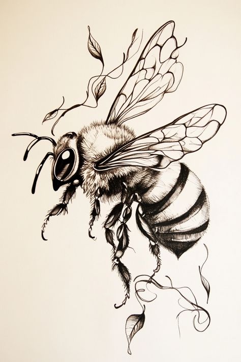 Detailed pen and ink drawing of a bee with intricate wing and body patterns, surrounded by delicate, swirling lines. Abstract Bumble Bee Tattoo, Bug Tattoo Blackwork, 3d Bumble Bee Tattoo, Bumblebee Hand Tattoo, Bees Tattoo Design, Bumble Bee Tattoos For Women, Art Deco Bee Tattoo, Honey Bee Wood Burning, Bees On Knees Tattoo