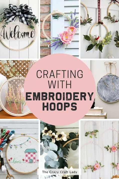 It’s time to get creative and make one of these unique embroidery hoop crafts – make wall hangers, wreaths, and so much more! Quilting Hoop Crafts, Diy Using Embroidery Hoop, How To Decorate Embroidery Hoop, Fabric Embroidery Hoop Wall Decor, Crafts With Embroidery Hoops Ideas, Embroidery Hoop Decor Ideas, Loop Embroidery Wall Art, Wooden Hoops Craft, Decorating Embroidery Hoop