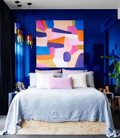 Beautiful Blue Room you'll want to have in your LA home #richardstewartpainting  #losangeles  #paintingcontractor #housepainter #commercialproperties #house Bright Blue Bedrooms, Cobalt Blue Bedrooms, Blue Bedroom Ideas For Couples, Bedroom Magic, Colorful Rooms, Bedroom Design Diy, Bohemian Modern Style, Brighter Bedroom, Murphy Beds