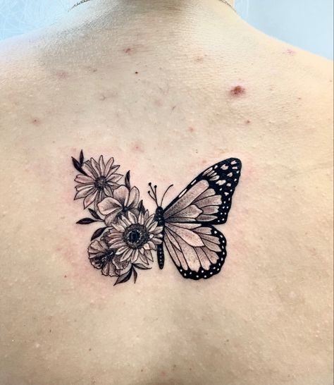 Cover Butterfly Tattoo, Half Sunflower Half Rose Tattoo, Monarch Butterfly Flower Tattoo, Butterfly Tattoo Sunflower, Half Moth Half Flower Tattoo, Half Butterfly Half Flower Tattoo Design, Half Moth Half Butterfly Tattoo, Butterfly Tattoo Half Flowers, Half Butterfly Half Sunflower Tattoo