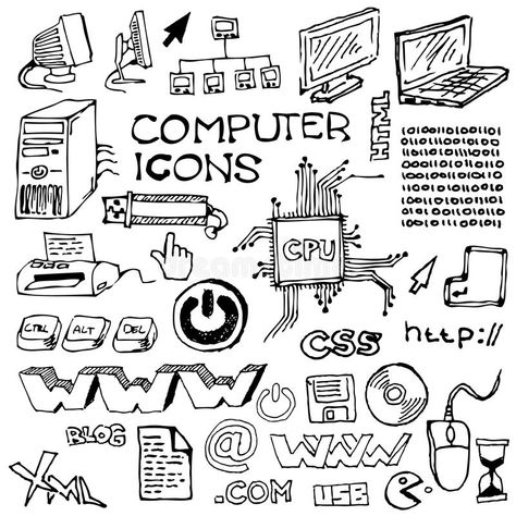 Set of hand-drawn computer icons royalty free illustration Cover Page For Project, Computer Illustration, Project Cover Page, Computer Drawing, Computer Icons, Computer Projects, Colorful Borders Design, Front Page Design, Hand Drawings