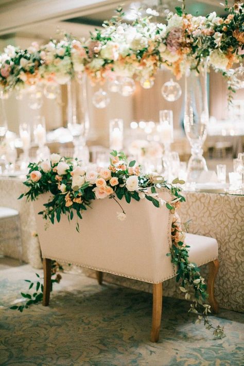 Head Table with Pillar Candles, Floating Garland, and Love Seat | Brides Best Wedding Websites, Bride Groom Table, Head Table Wedding, Wedding Decor Photos, Head Tables, Table Inspiration, Wedding Dress Pictures, Floral Arrangements Wedding, Floral Ideas