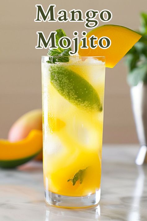 A Mango Mojito is a refreshing cocktail that combines the tropical sweetness of mango with the classic minty and citrus flavors of a traditional mojito. It is made with simple syrup, fresh mint, lime juice, rum, mango nectar, and topped with club soda. Mango Mojito Recipe, Summer Rum Cocktails, Best Mojito Recipe, Dark Rum Cocktails, Rum Cocktails Easy, Cocktails To Make At Home, Mango Mojito, Rum Cocktail Recipes, Refreshing Cocktail