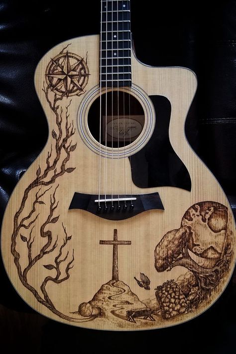 Wood Burned Guitar, Guitar Design Art, Guitar Design Ideas, Cool Guitar Designs, Guitar Art Diy, Guitar Art Painting, Nature Guitar, Acoustic Guitar Art, Custom Acoustic Guitars