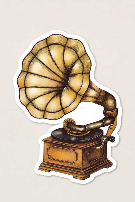 Gramophone Aesthetic, Old Stickers Vintage, Vintage Stickers Printables Retro, Gramophone Drawing, Vintage Stickers Printables, Vintage Aesthetic Stickers, Old Gramophone, Senior Scrapbook Ideas, Vintage Aesthetic Stickers Printables