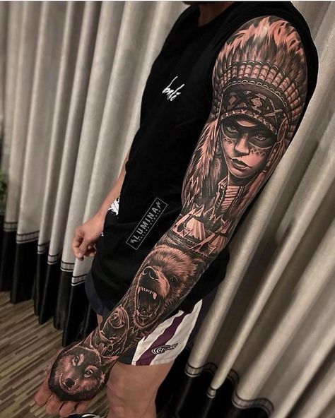 Native Indian Tattoos, Headdress Tattoo, American Indian Tattoos, Native American Tattoo, Wolf Tattoo Sleeve, Full Leg Tattoos, Native American Tattoos, Native Tattoos, Polynesian Tattoos