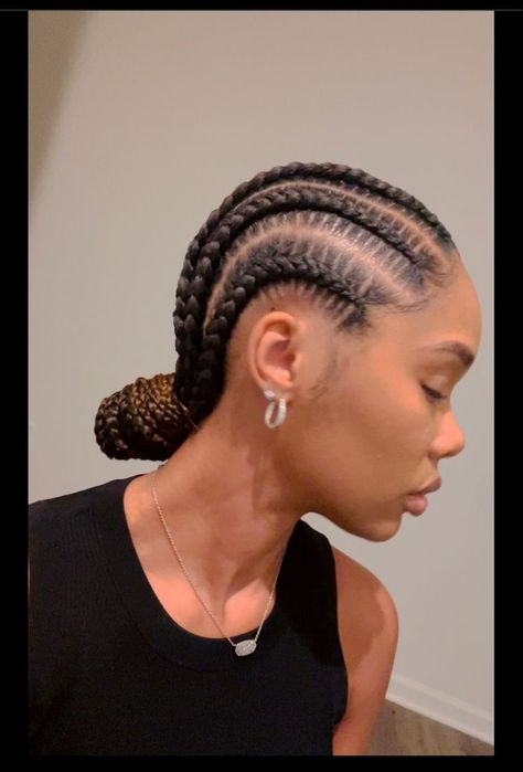 Corn Row Braids Bun, Flat Cornrow Hairstyles, 6 Straight Back Feed In Braids With Curls, Stitch Braids 4c Hair, 6braids Hairstyle, Straight Back Braids Into Bun, Cornrow Hairstyles With Bun, Straight Back Braids With Bun, Stitch Braids With Two Buns