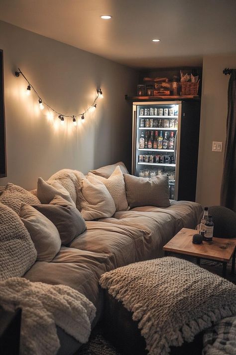 21 Adult Game Room Ideas That Work in Any Small Space - H.M.G Adult Game Room Ideas, Hangout Room Ideas Teen Lounge, Tv Room Ideas Cozy, Adult Game Room, Gamer Living Room, Small Movie Room, Teen Lounge Rooms, Flex Room Ideas, Hangout Room Ideas