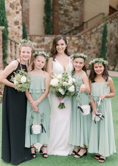 Sage Green Junior Bridesmaid Dresses, Flower Girl Dresses Sage Green, Sage Green Flower Girl Dress, Sage Green And White Wedding, Presley Wedding, Green Flower Girl Dresses, Blue Green Wedding, Bridesmaids Ideas, Sage Bridesmaid Dresses