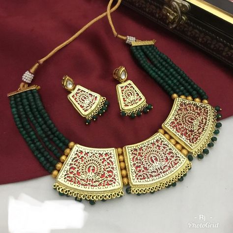 Theva necklace set..just rs 1750+ship..ftd0q..p Theva Jewellery, Thewa Jewellery, Rajputi Jewellery, Ganesha Pendant, Backless Blouse Designs, Bridal Jewelry Vintage, Traditional Jewellery, Backless Blouse, Wedding Jewellery Collection