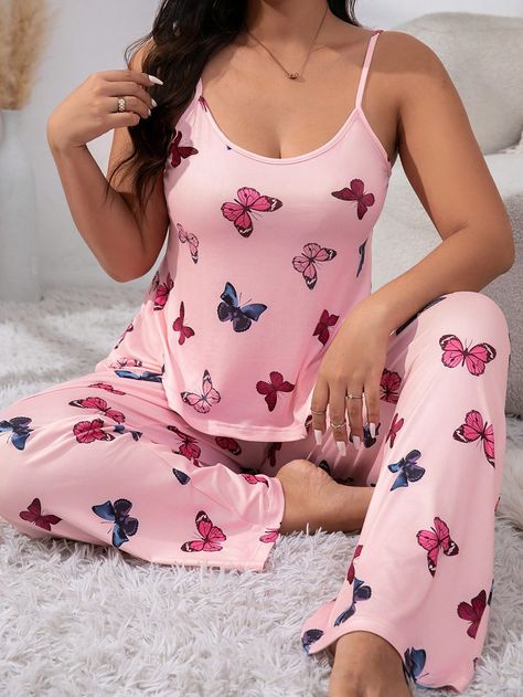 Pink Casual-Young Collar Sleeveless  Butterfly Pant Sets Embellished Medium Stretch All Women Plus Sleep & Lounge Plus Size Y2k, Butterfly Pants, Loungewear Outfits, Plus Size Pajamas, Fabric Butterfly, Fleece Tights, Grey Colour Suit, Pant Sets, Makeup Makeover