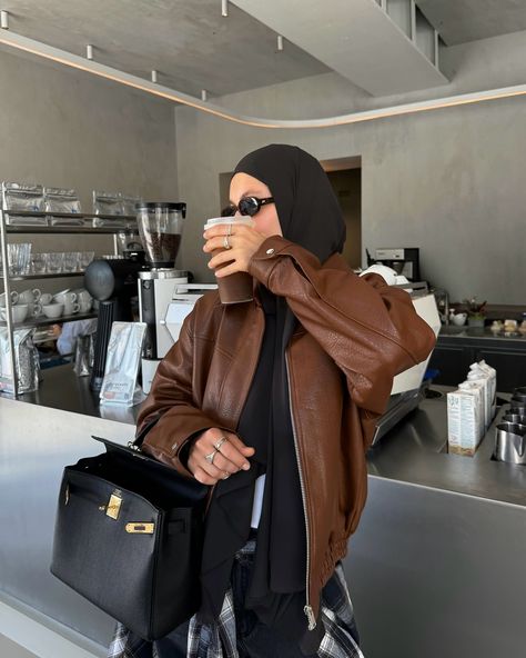 autumn coffee date ☕️🤎 autumn outfit, autumn vibe, modest fashion, hijab outfit, pinterest style, brown leather jacket, brown bomber jacket, hermes kelly Jacket Brown Outfit, Leather Jacket Outfit Hijab, Black And Brown Outfit Hijab, Hijab Brown Outfit, Dark Brown Outfit Hijab, Brown Outfit Hijab Casual, Brown Outfit Hijab, Brown Hijab Outfit, Camel Leather Jacket