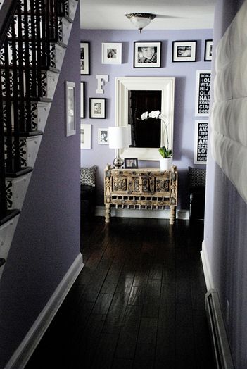 Lilac walls are a subtle way of introducing purple into your home decor - teamed with simple blacks and whites in this hallway, lilac looks calming and sophisticated Dark Floorboards, Silver Room, Hallway Makeover, Office Color, Dark Floors, Purple Interior, Grey Hall, Hallway Ideas Colour, Purple Walls