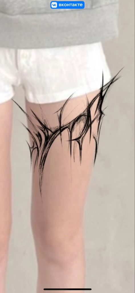 Alt Leg Tattoos, Cybersigilism Tattoo Thigh, Arm Tattoo Template, Lower Thigh Tattoos Women, Cursed Tattoo, Cool Leg Tattoos, Symetric Tattoo, Fluid Tattoo, Tattoo Ideas Thigh