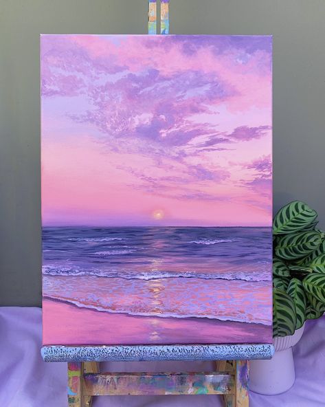 Aesthetic Painting Beach, Muse Paintbar Paintings, Pink Landscape Aesthetic Painting, Pastel Ocean Art, Pink Sky Aesthetic Painting, Pink Ocean Painting, Cloud Painting Acrylic, Sunset Canvas Painting, Cat Air