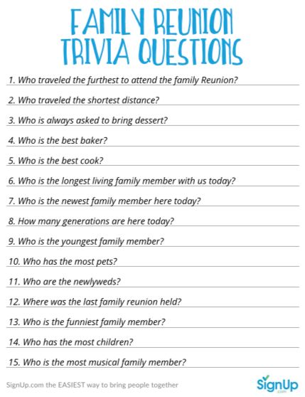 Family Reunion Game: Printable Trivia Questions for Families | SignUp.com Family Reunion Jeopardy, Family Jeopardy, Family Quiz Questions, Questions For Family, Family Trivia Questions, Question Games, Family Reunion Activities, Family Quiz, Fun Quiz Questions