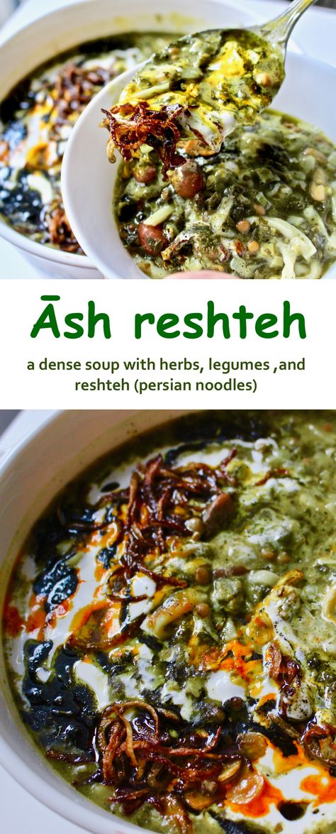 Āsh is a dense soup with herbs and legumes. Āsh Reshteh is a soup that has Iranian noodles called reshteh and it's the most popular āsh in Iran Aush Soup Recipe, Ashe Reshteh Recipe, Norwegian Soup, Afghan Soup, Ash Reshteh Recipe, Iranian Food Recipes, Persian Soup, Ash Reshteh, Persian Stew