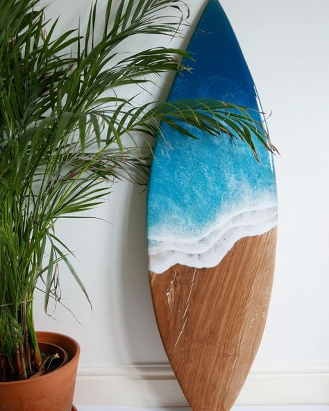 Surfboard Art Design, Ocean Home Decor, Crystal Clear Epoxy Resin, Surfboard Decor, Craft Resin, Palm Tree Art, Surf Decor, Acrylic Paint On Wood, Surfboard Art