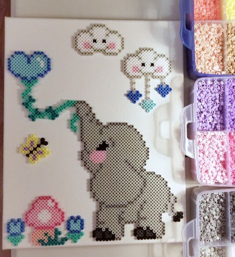 Love this fun perler bead elephant wall art! Elephant Perler Bead Pattern, Elephant Perler, Hamma Beads Ideas, Easy Perler Bead Patterns, Pearl Beads Pattern, Fuse Bead Patterns, Hama Beads Design, Perler Bead Templates, Perler Crafts