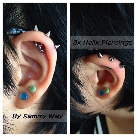 Triple Helix Piercing Spikes, Triple Lobe Piercing, Triple Helix Piercing, Gold Emerald Earrings, Triple Forward Helix, Triple Helix, Men's Piercings, Unique Stud Earrings, Ear Lobe Piercings