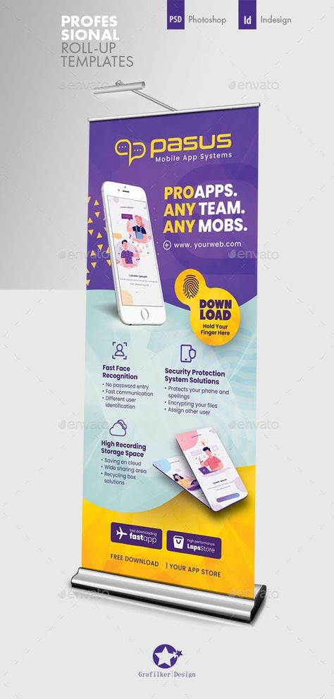 Mobile App Roll-Up Template PSD, InDesign INDD. Download Download App Banner, Vertical Banner Design Ideas, Rollup Design Inspiration, Download App Poster, Rollup Design Ideas, Roll Up Design Inspiration Rollup Banner, App Poster Design, Roll Up Banner Design Inspiration, App Banner Design