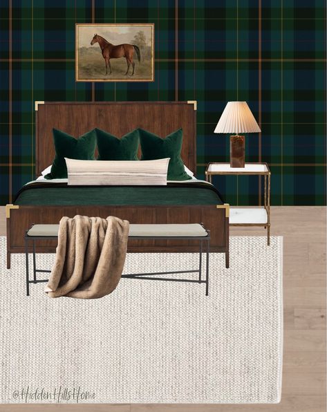 Green Plaid Bedroom, Tartan Bedroom Ideas, Plaid Bedroom Ideas, Plaid Wallpaper Bedroom, Cozy Cabin Bedroom Ideas, Tartan Bedroom, Cozy Cabin Bedroom, Plaid Bedroom, Bedroom Mood Board