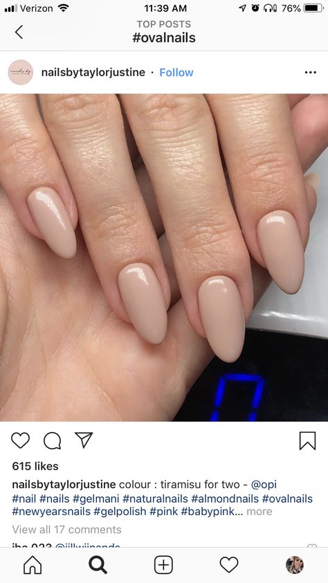 Beige Nails Almond Shape, Tiramisu Nail Color, Tan Opi Gel Polish, Almond Tan Nails, Opi Tiramisu For Two Gel, Creamy Brown Nails, Vanilla Chai Nails, Tiramisu Nails, Almond Nails Tan