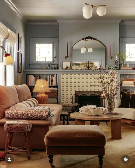 50s Inspired Interior Design, Colorful Open Concept Living Room, Mixing Fabrics Living Room, Schoolhouse Electric Living Room, Colorful Old House Interior, Lived In Decor, Cozy Whimsical Living Room, Coastal Eclectic Living Room, Craftmans Style Interiors Modern