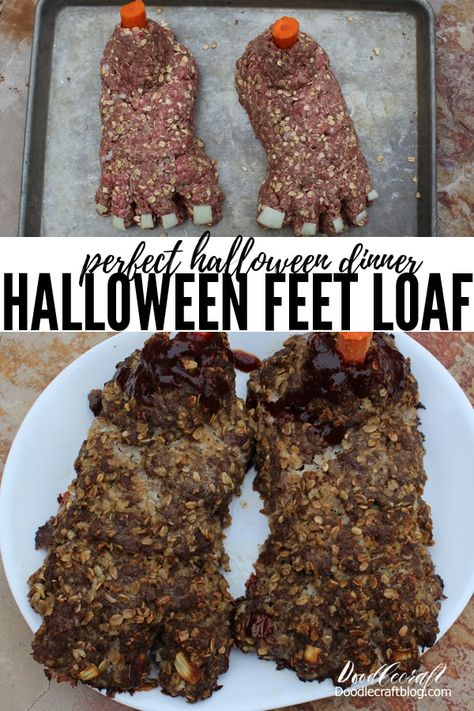 Make Feet Loaf (Meatloaf) for the perfect Spooky Halloween Dinner Recipe Feet Loaf For Halloween, Halloween Fruit Tray, Spooky Halloween Dinner, Halloween Dinners, Squid Ink Pasta, Halloween Food Dinner, Pumpkin Fudge, Awesome Appetizers, Ghost Cupcakes