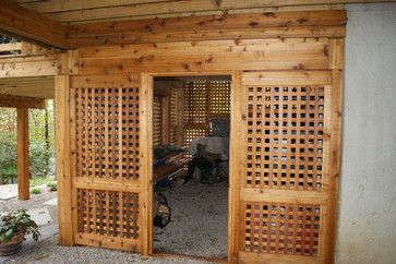 Storage Under Deck, Deck Storage Bench, Lawn Tool Storage, Contemporary Sheds, Under Deck Storage, Contemporary Garage, Deck Skirting, Under Deck, Cedar Deck