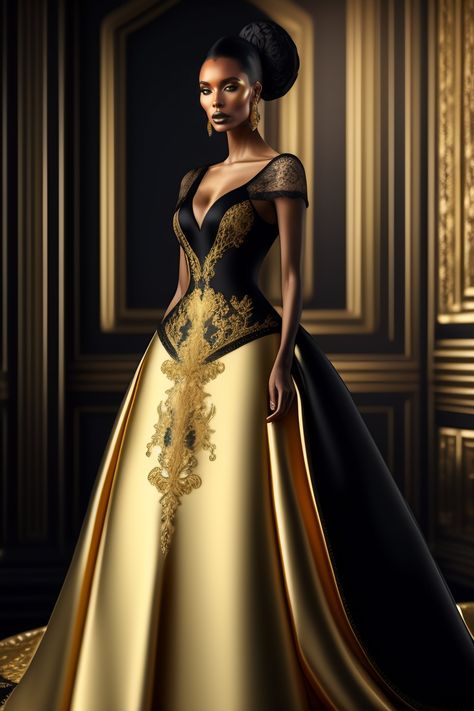 Lexica - A haute couture dress in two color black and gold whit insert in black satin whit insert on top in lace hyper realistic, ultra realistic, 8k... Queen Attire, Gold Royal Dress, Wedding Dresses Black And Gold, Black And Gold Lace Dress, Black And Gold Evening Dress, Black Gold Wedding Dress, Couture Photoshoot, Black And Gold Dresses, Queen Gowns Royal