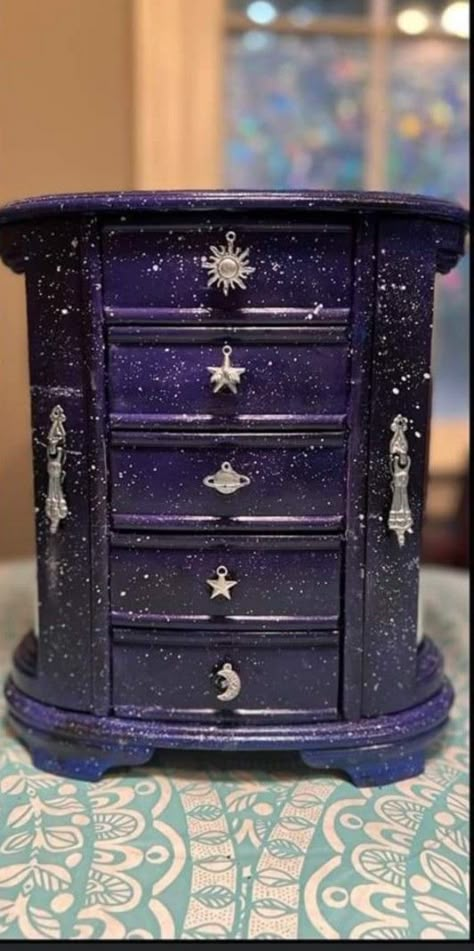 Purple Gothic Furniture, Witchy Storage Ideas, Whimsigoth Nightstand, Witchy Nightstand, Fantasy Furniture Diy, Whimsy Goth Furniture, Goth Diy Room Decor, Whimsigoth Furniture, Goth Furniture Diy