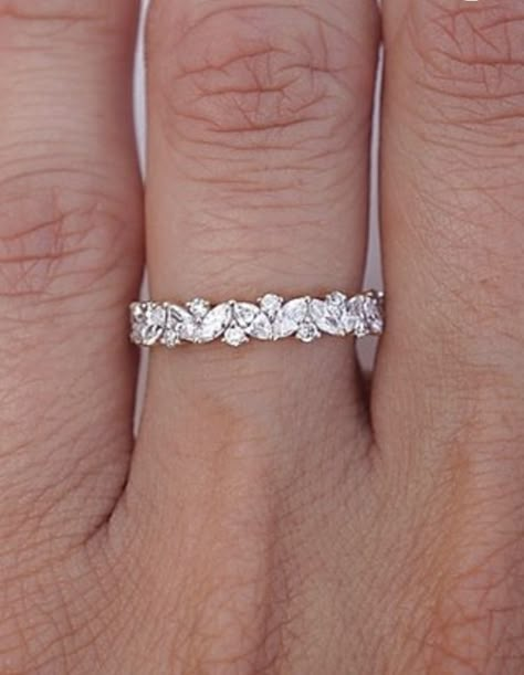 Petal Wedding Band, Wedding Bands Diamonds All Around, Wedding Band Platinum Women, Womens Anniversary Bands, Marriage Bands For Women, Round And Marquise Wedding Band, Alternating Stone Wedding Band, Wedding Band Styles For Women, Vintage Style Wedding Band