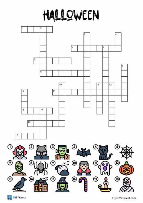 Halloween crossword Free Halloween Worksheets, Halloween Crossword, Halloween Word Scramble, Halloween Crossword Puzzles, Halloween Vocabulary, Picture Clues, Halloween Worksheets, Halloween Words, Upper Elementary Resources