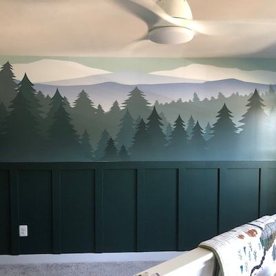 Mountain Wall Decal / Mountain Wall Mural / Woodland Wall Mural / Forest Wall Mural / Pine Tree Wall Decal / Peel and Stick Mural - Etsy Board And Batten Half Wall, Diy Mountain Mural, Mountain Nursery Wall, Mountain Wall Mural, Wall Murals Diy, Mountain Mural, Mountain Nursery, Kids Room Murals, Forest Mural