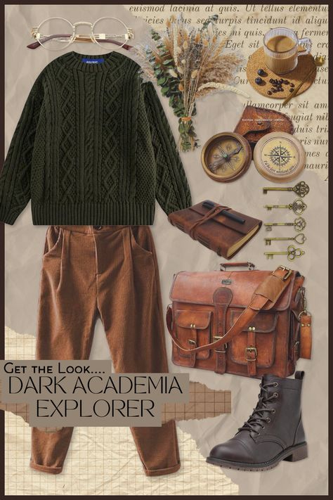 Get the Look: Dark Academia Explorer Explorer Aesthetic Outfit, Nature Aesthetic Outfit, Dark Academia Lookbook, Explorer Aesthetic, Exploring Outfit, Explorer Outfit, Stuff I Need, Country Style Outfits, Dark Nature Aesthetic