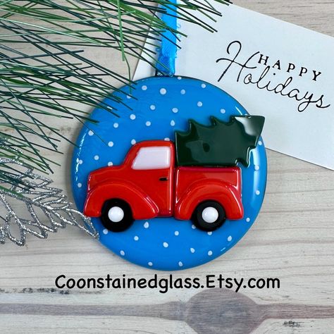 Fused Glass Red Truck Christmas Ornament, Holiday Decor, Glass Ornament, Christmas Tree Decoration, Winter Decor, Handmade Gift for Him by CoonStainedGlass on Etsy Fused Glass Gift Ideas, Fused Glass Christmas Ornaments Ideas, Fused Glass Christmas Decorations, Fused Glass Ornaments Christmas, Christmas Fused Glass Ideas, Fused Glass Christmas Ornaments, Fused Glass Ideas, Glass Ornament Christmas Tree, Handmade Gift For Him