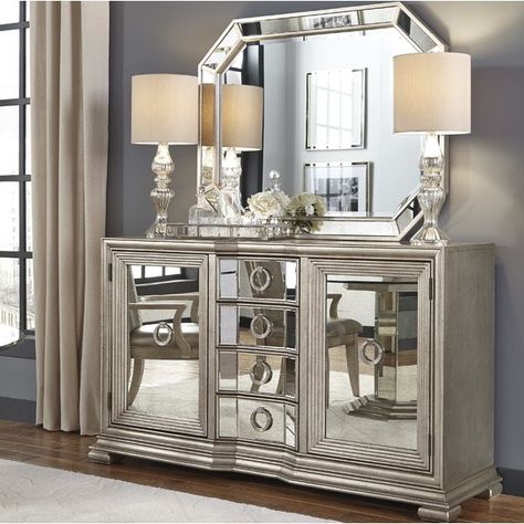 Mirrored Furniture Decor, Sideboard Decor, Mirrored Sideboard, Mirror Panels, Glam Living Room, Luxury Dining Room, Luxury Dining, Mirrored Furniture, Dining Room Design