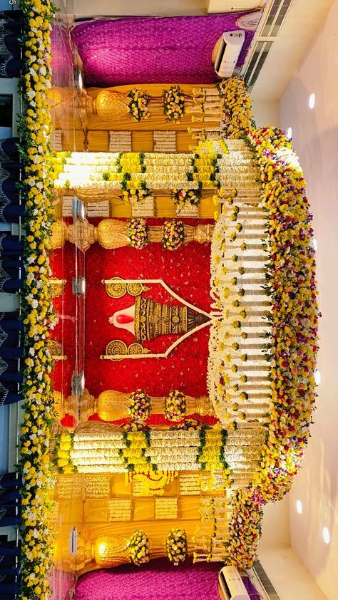 Marriage Hall Decoration Marriage Flower Decoration Stage, Haldi Ideas Indian Weddings, Marriage Decoration Ideas Indian, Marriage Mandapam Decoration, Function Hall Decoration, Pelli Pandiri Decorations, Wedding Mandapam Decoration, Wedding Hall Decorations Indian, Marriage Mandap Decoration Indian