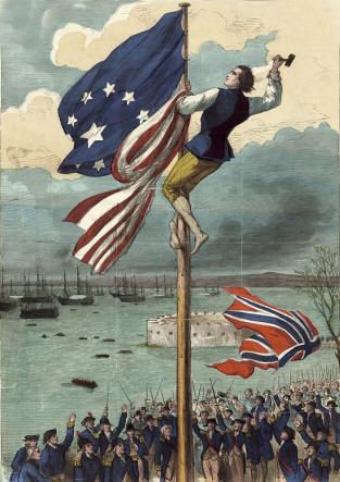 American won the War Of Independence. This is a man who was changing British flag to American flag. Evacuation Day, American Flag History, American Flag Art, Independance Day, Flag Art, Old Glory, Us History, Military Art, God Bless America