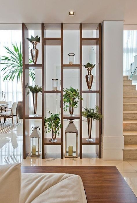 Entrance Divider Ideas, Shelves As Wall Dividers, Family Room Divider Ideas, Wall Divider Ideas Living Room, Living Room Partition Ideas Wall Dividers Interior Design, Entry Wall Divider, Double Sided Shelves, Playroom Divider, Partial Wall Ideas Room Dividers