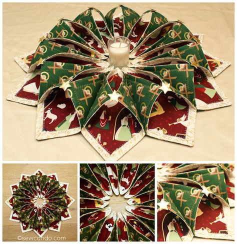 Fold And Stitch Wreath Tutorial, Fabric Wreath Tutorial, Stitch Wreath, Square Wreath, Table Topper Patterns, Christmas Patchwork, Christmas Quilting, Christmas Sewing Projects, Material Wreaths